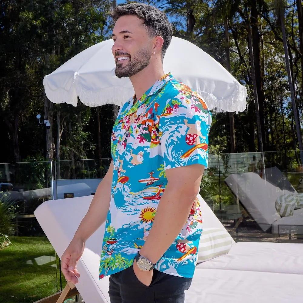 Blue Surfing Santa - Mens Christmas Shirt