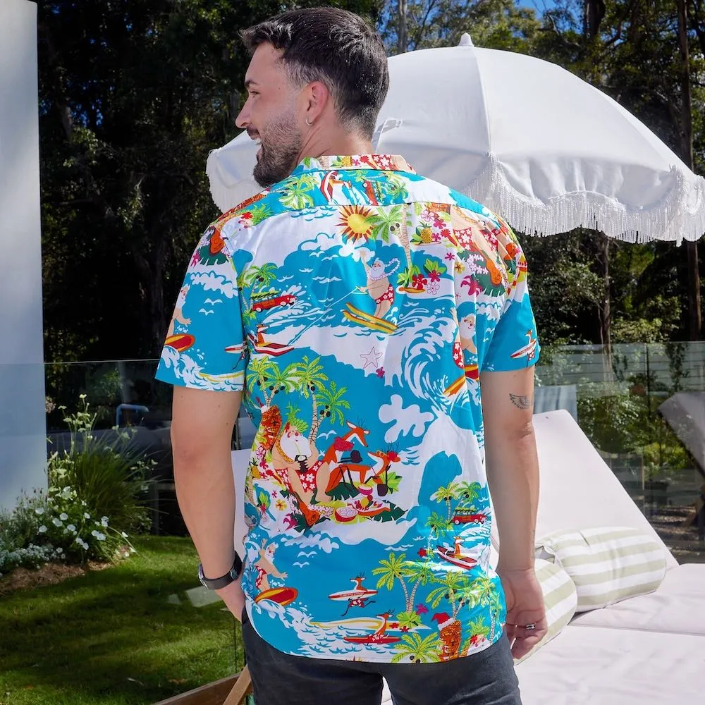 Blue Surfing Santa - Mens Christmas Shirt