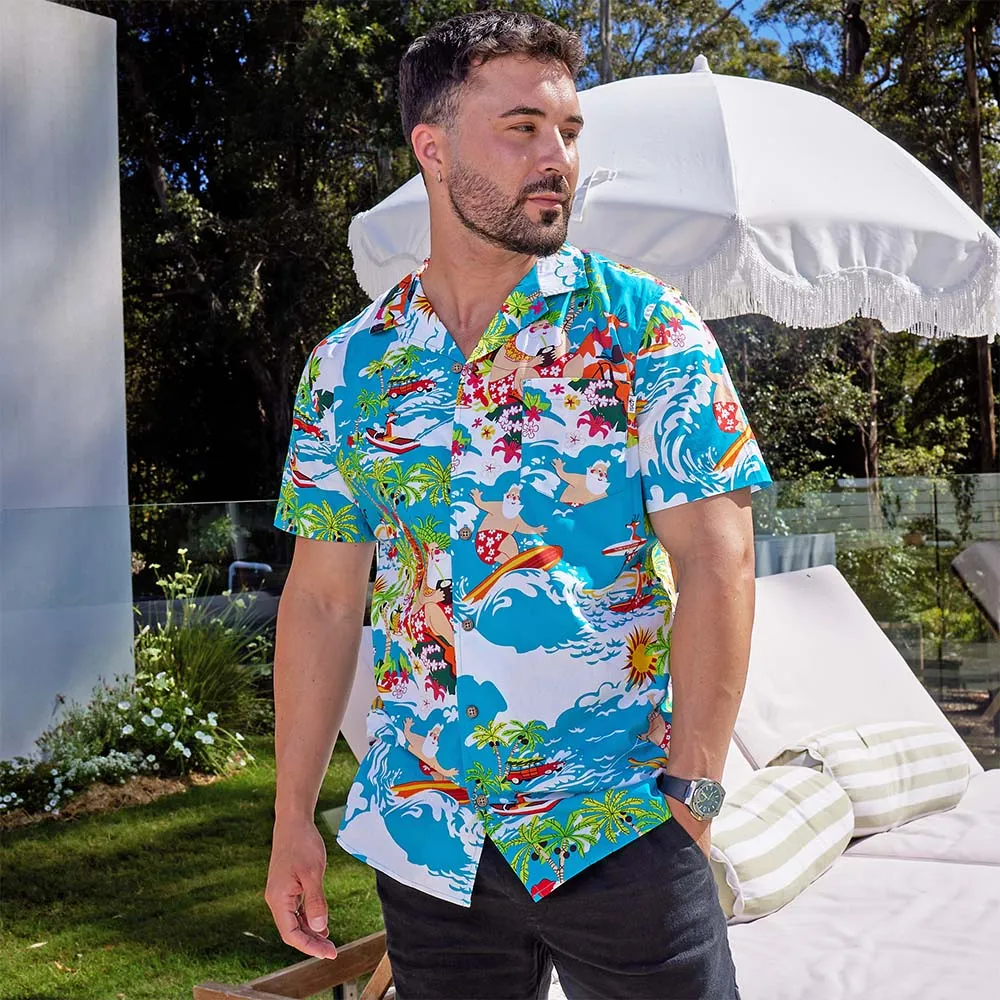 Blue Surfing Santa - Mens Christmas Shirt