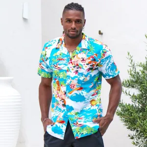 Blue Surfing Santa - Mens Christmas Shirt
