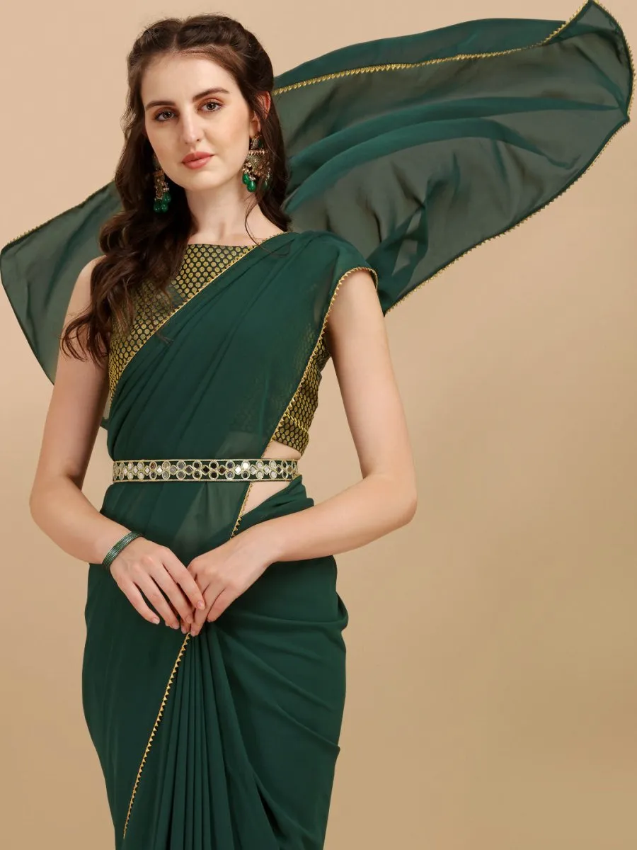 Bottle Green Woven Design Georgette Saree & Embellished Belt