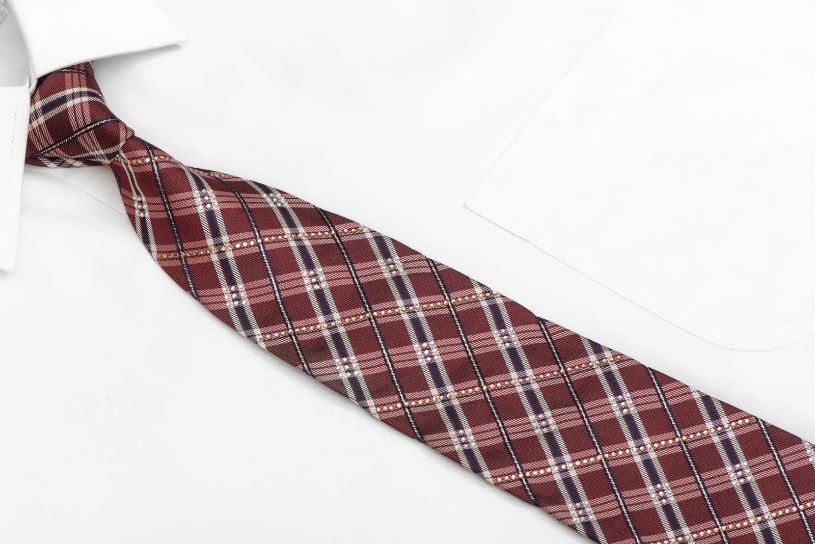 Burgundy Silver Blue Plaid Rhinestone Silk Necktie With Silver Sparkles