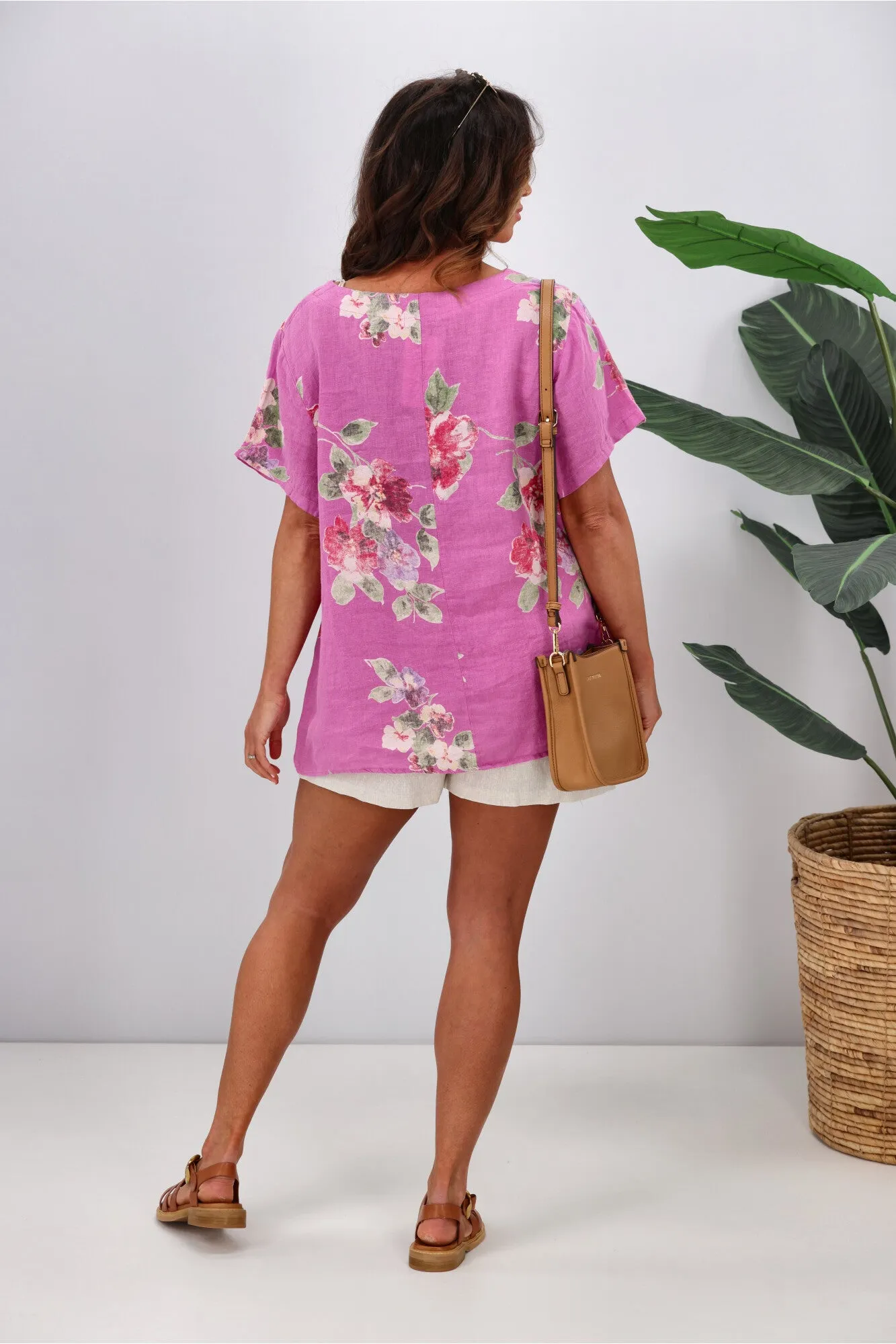 Cali & Co Floral Linen Top Hot Pink