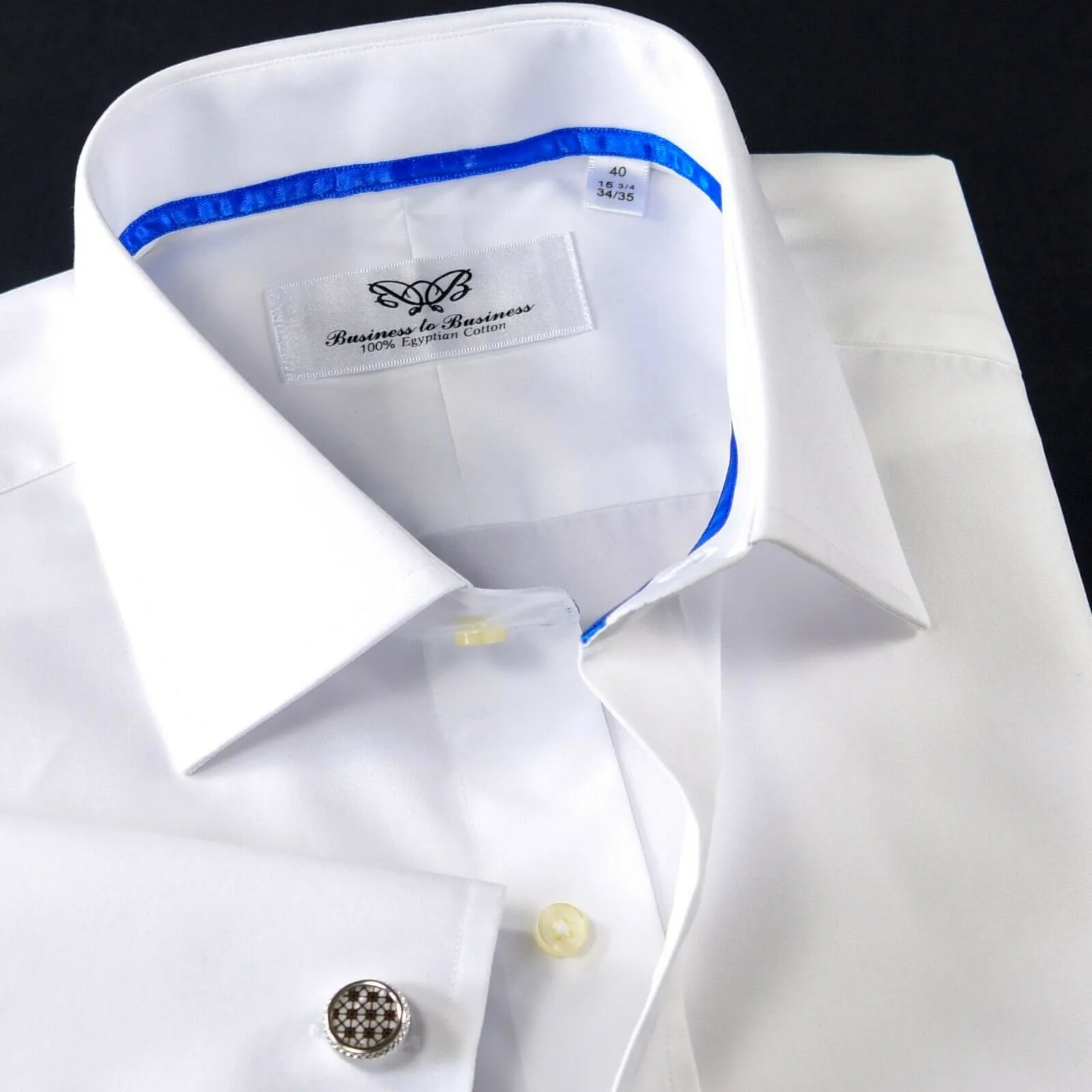 Classic White Poplin Business Formal Dress Shirt WIth Blue Trim