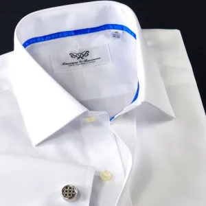 Classic White Poplin Business Formal Dress Shirt WIth Blue Trim