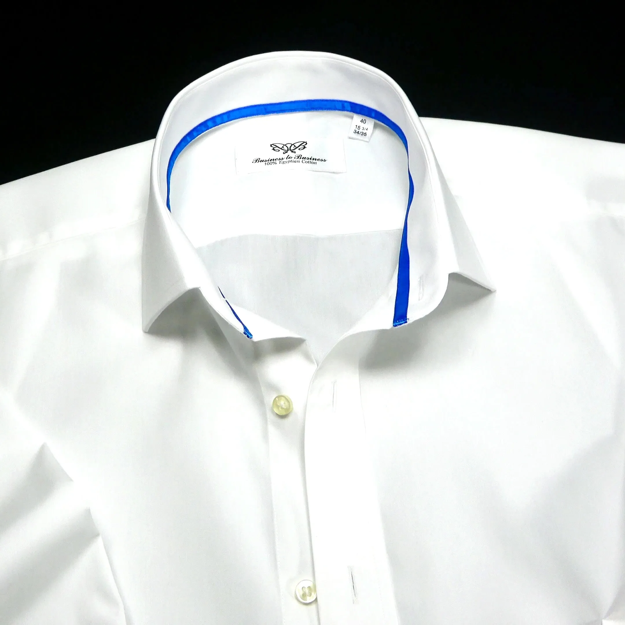 Classic White Poplin Business Formal Dress Shirt WIth Blue Trim