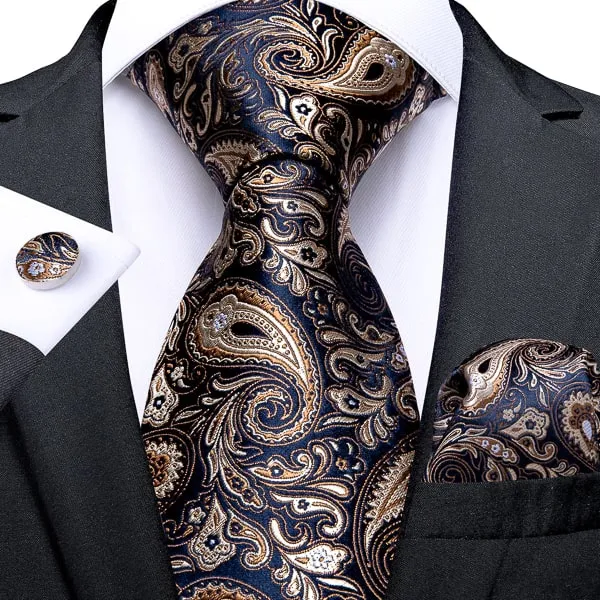 Classy Men Dark Blue Gold Paisley Silk Tie