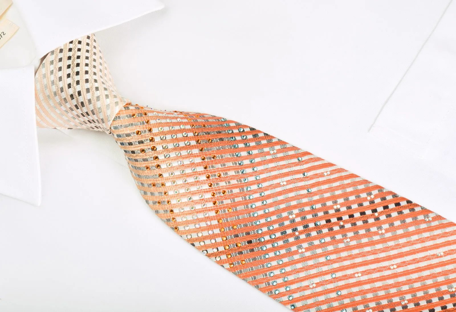 Countess Mara Rhinestone Necktie Orange Stripes On Silver With Blue Sparkles