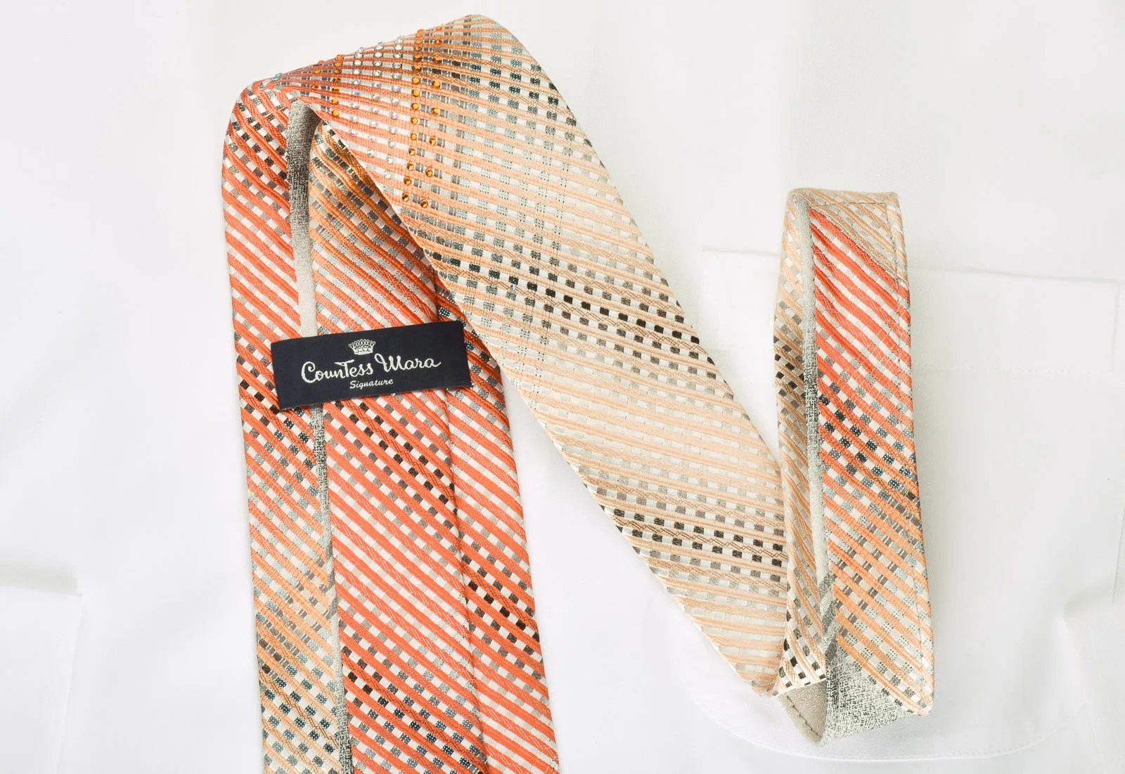 Countess Mara Rhinestone Necktie Orange Stripes On Silver With Blue Sparkles