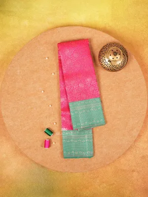 Dark Pink Pure Kanchipuram Silk Saree with Floral Patterns on the Body and with Contrast Border