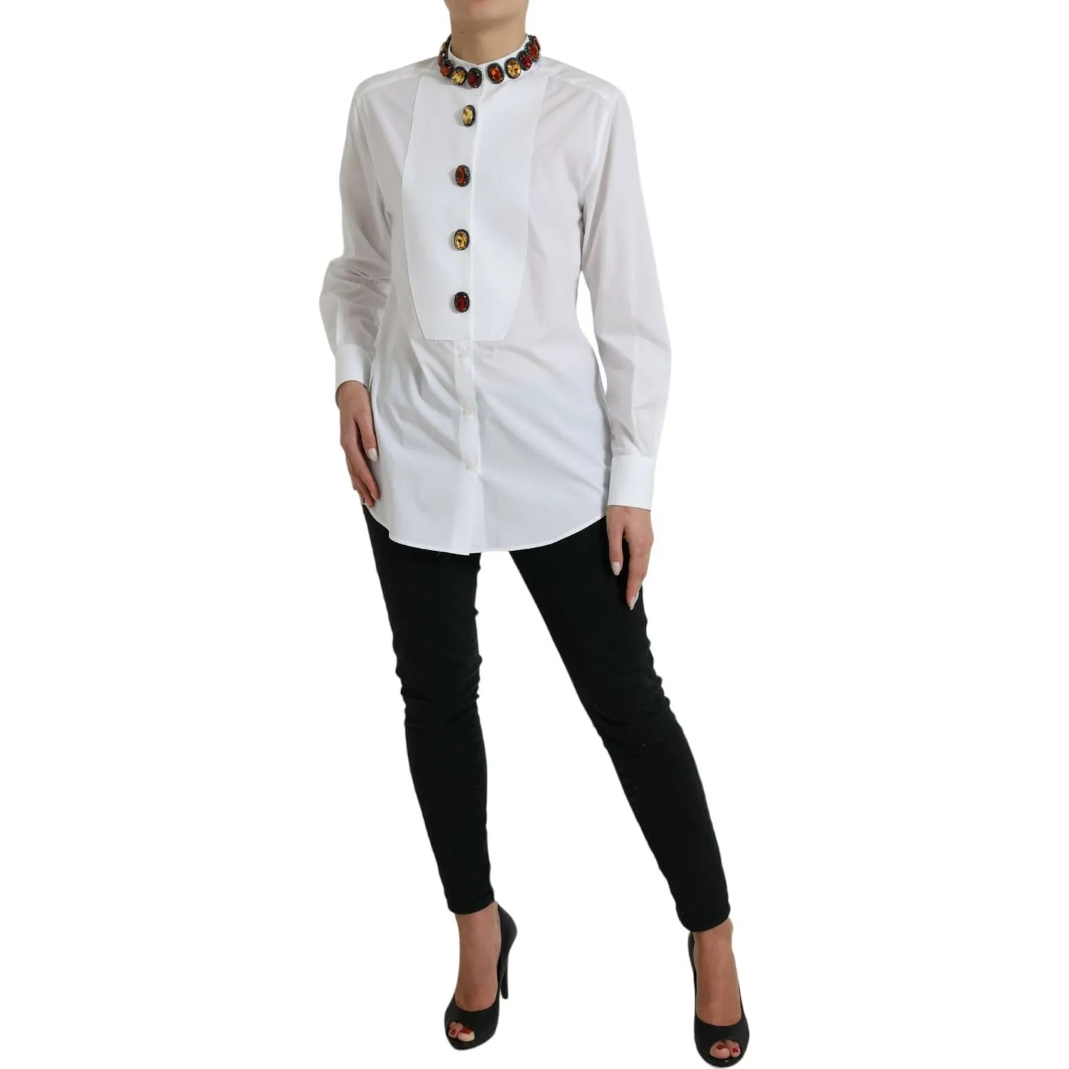 Dolce & Gabbana Elegant Crystal-Embellished White Cotton Top