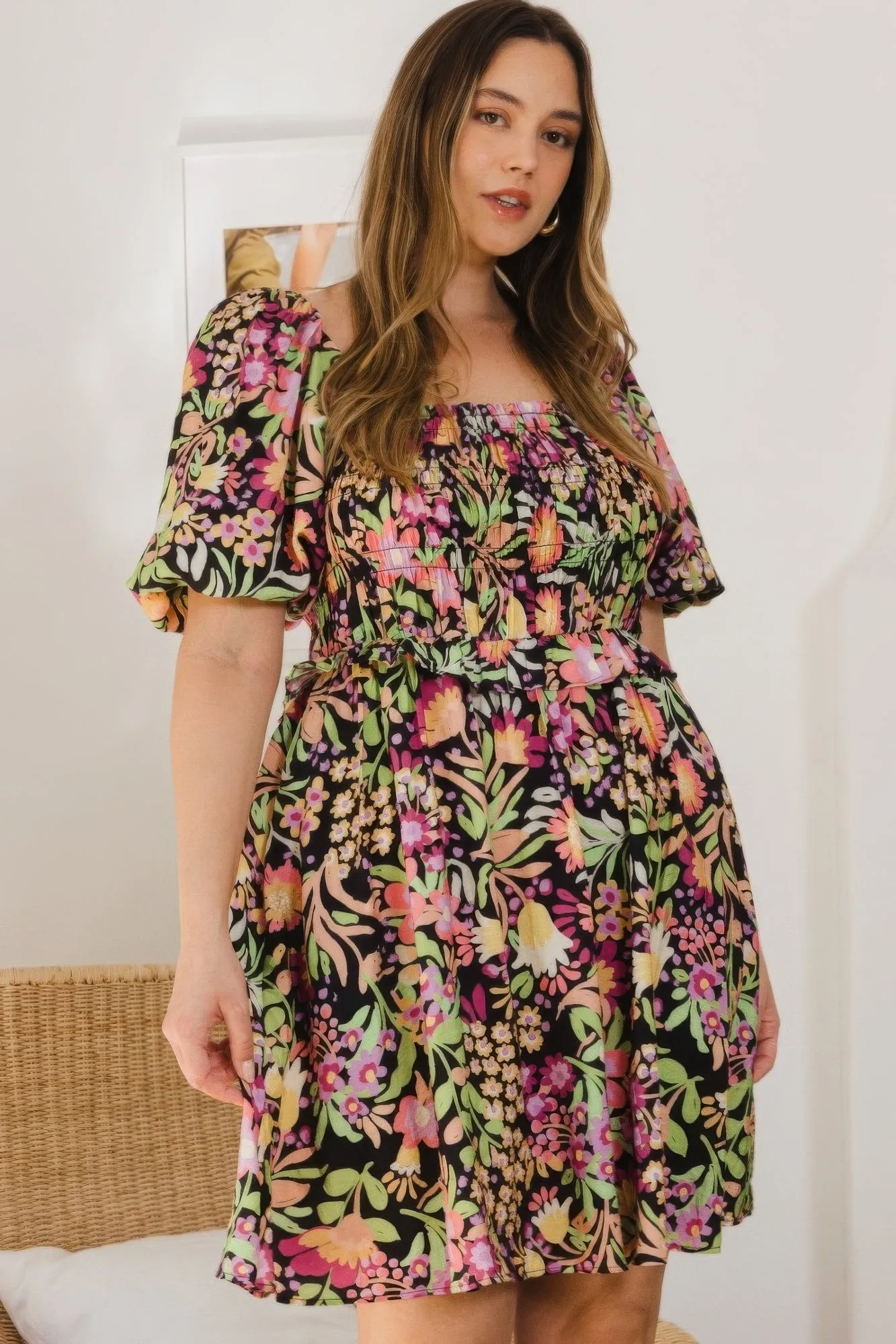 Floral Printed Center Tie-back Women's Mini Dress