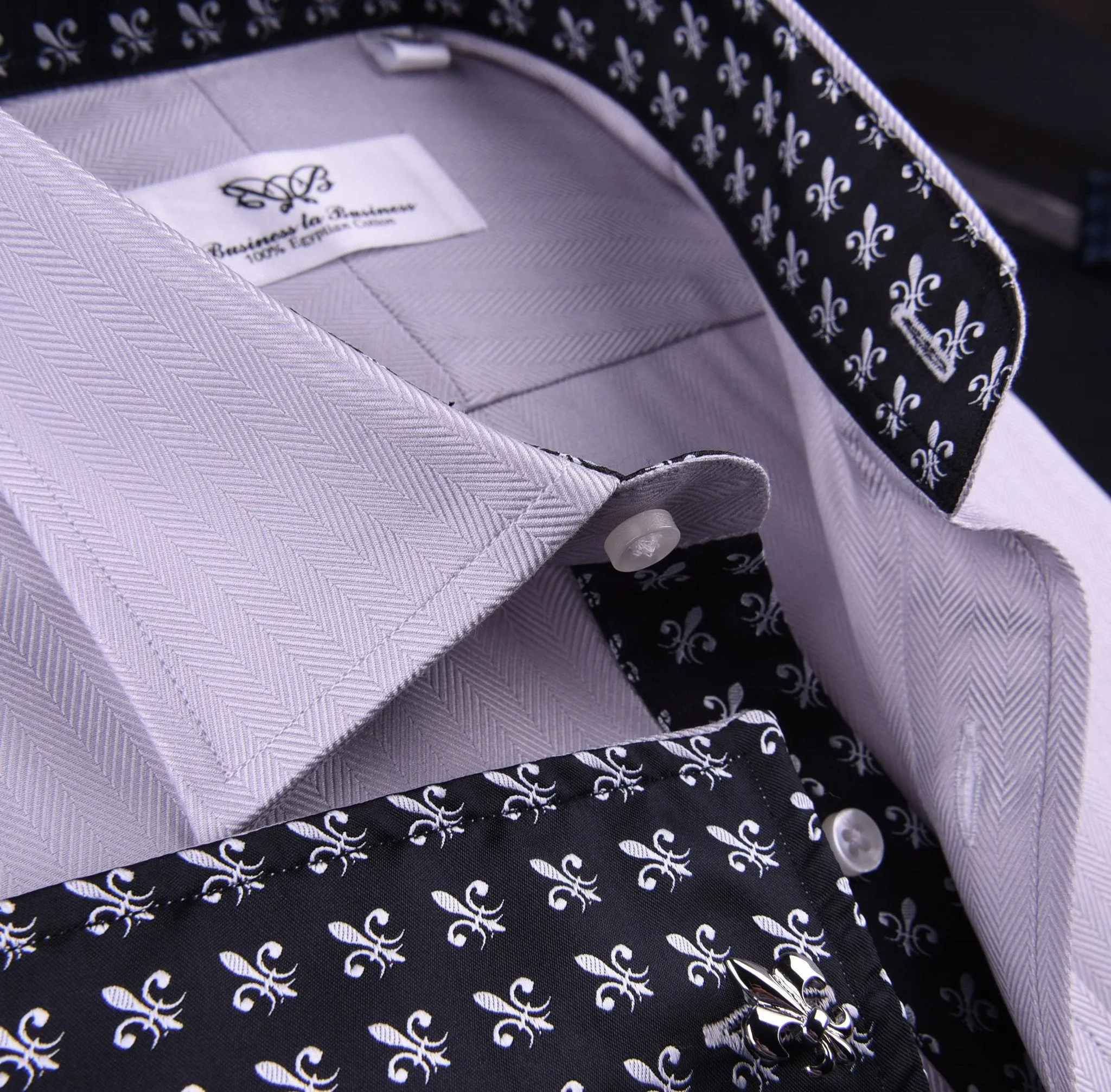 Grey Herringbone Formal Business Dress Shirt with Black and White Fleur-De-Lis Inner-Lining
