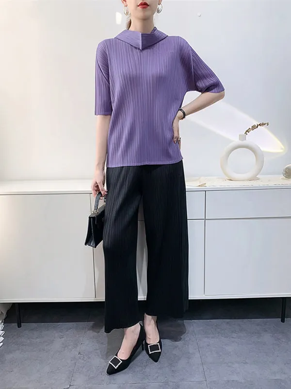 Half Sleeves Hooded Pleated Solid Color Mock Neck T-Shirts Tops