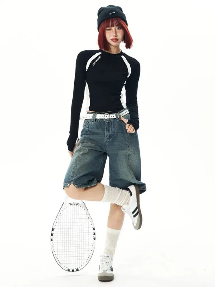 LVSANW Deeptown Harajuku Streetwear Crop T Shirts Women American Retro Aesthetic Patchwork Tops Female Casual Long Sleeve Tees Summer