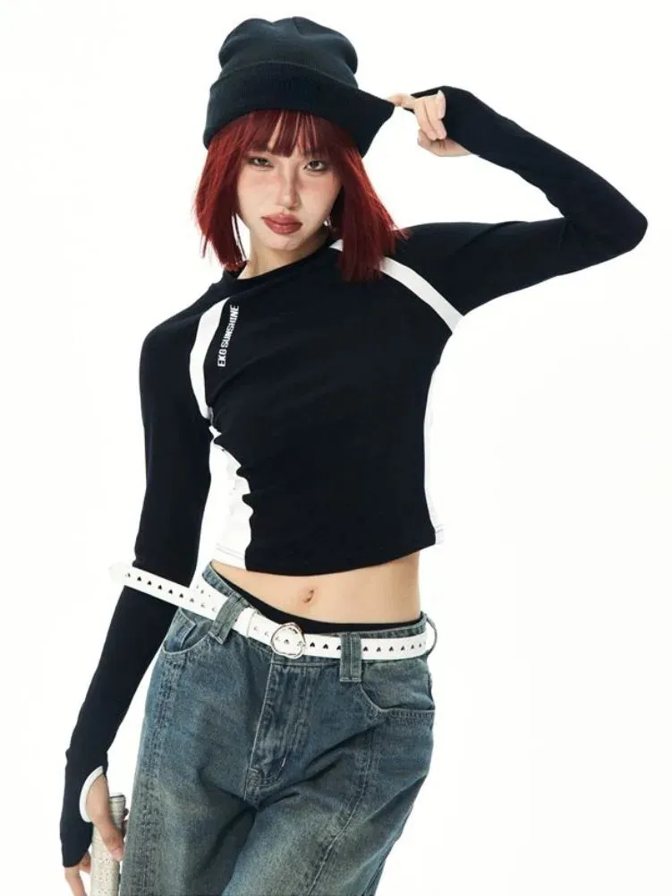 LVSANW Deeptown Harajuku Streetwear Crop T Shirts Women American Retro Aesthetic Patchwork Tops Female Casual Long Sleeve Tees Summer