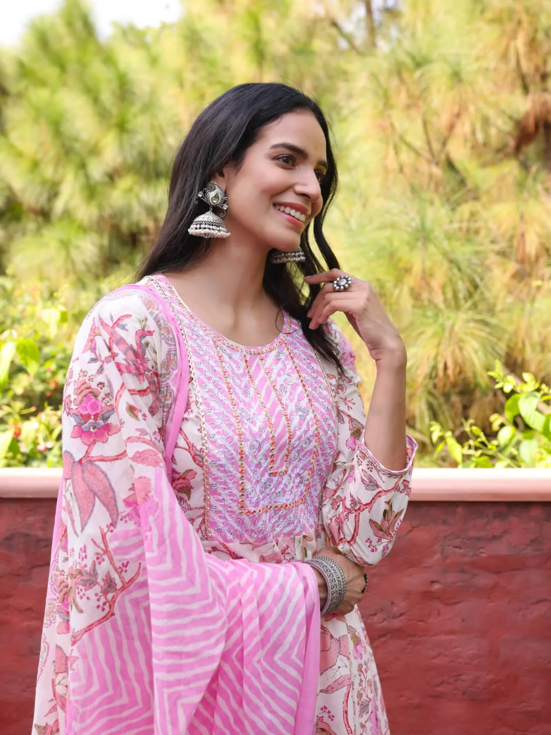 MADHUBAN - FLORAL PRINT PURE COTTON ANARKALI KURTA SET WITH MULMUL DUPATTA AND INTRICATE EMBROIDERY WORK