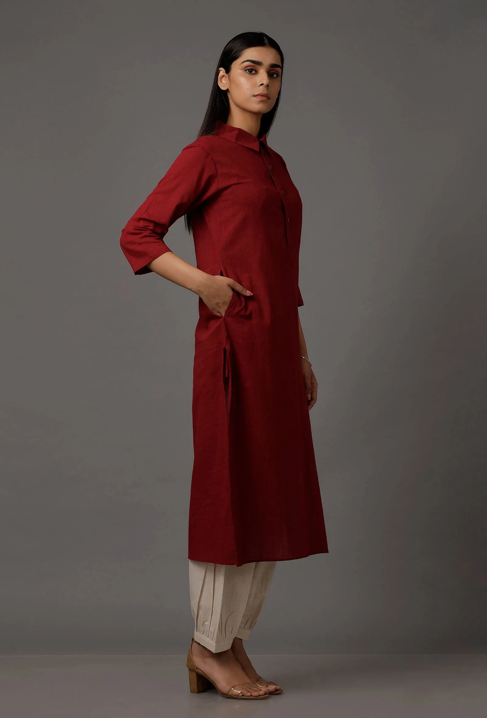 Maroon Pure Woven Cotton Kurta
