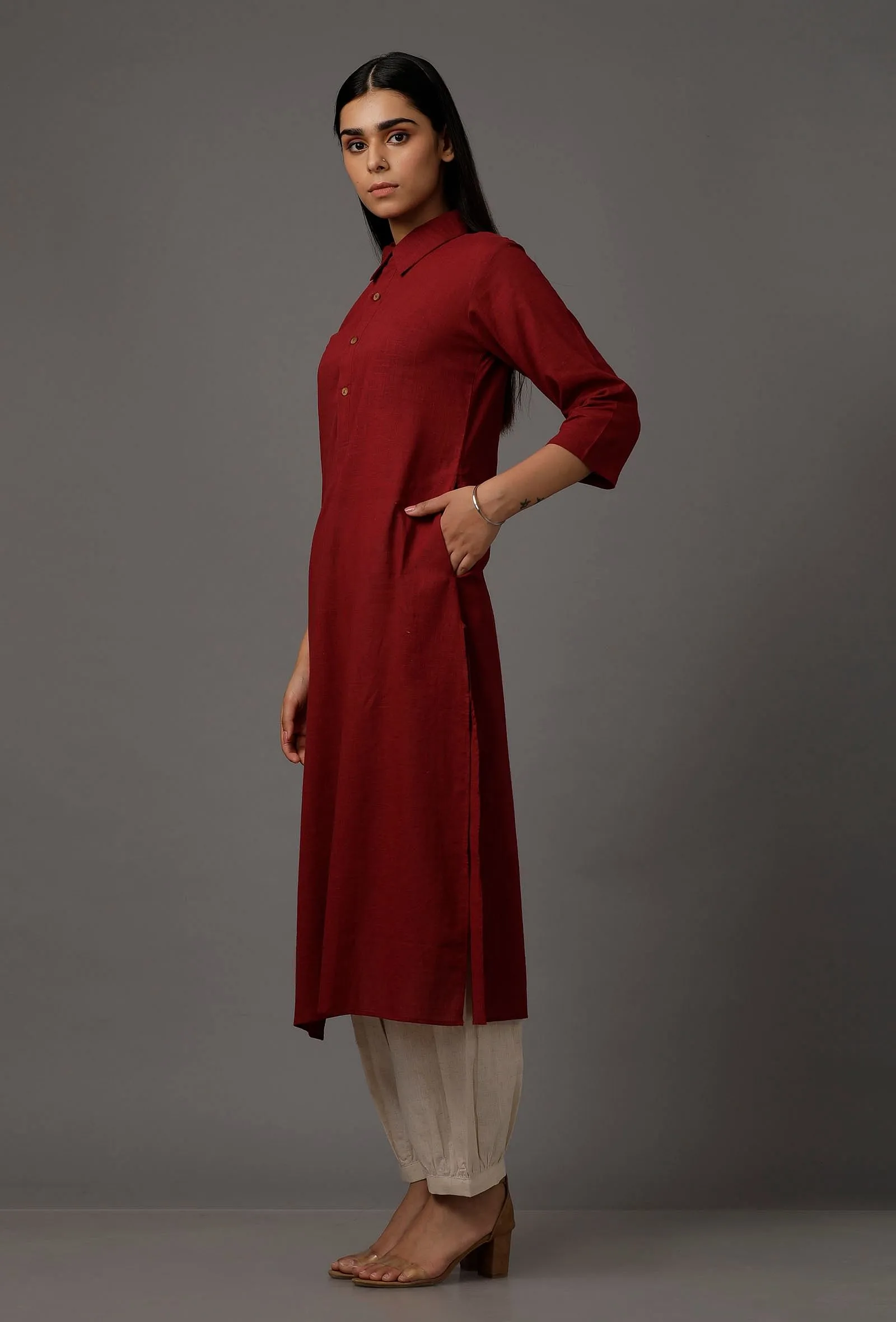 Maroon Pure Woven Cotton Kurta
