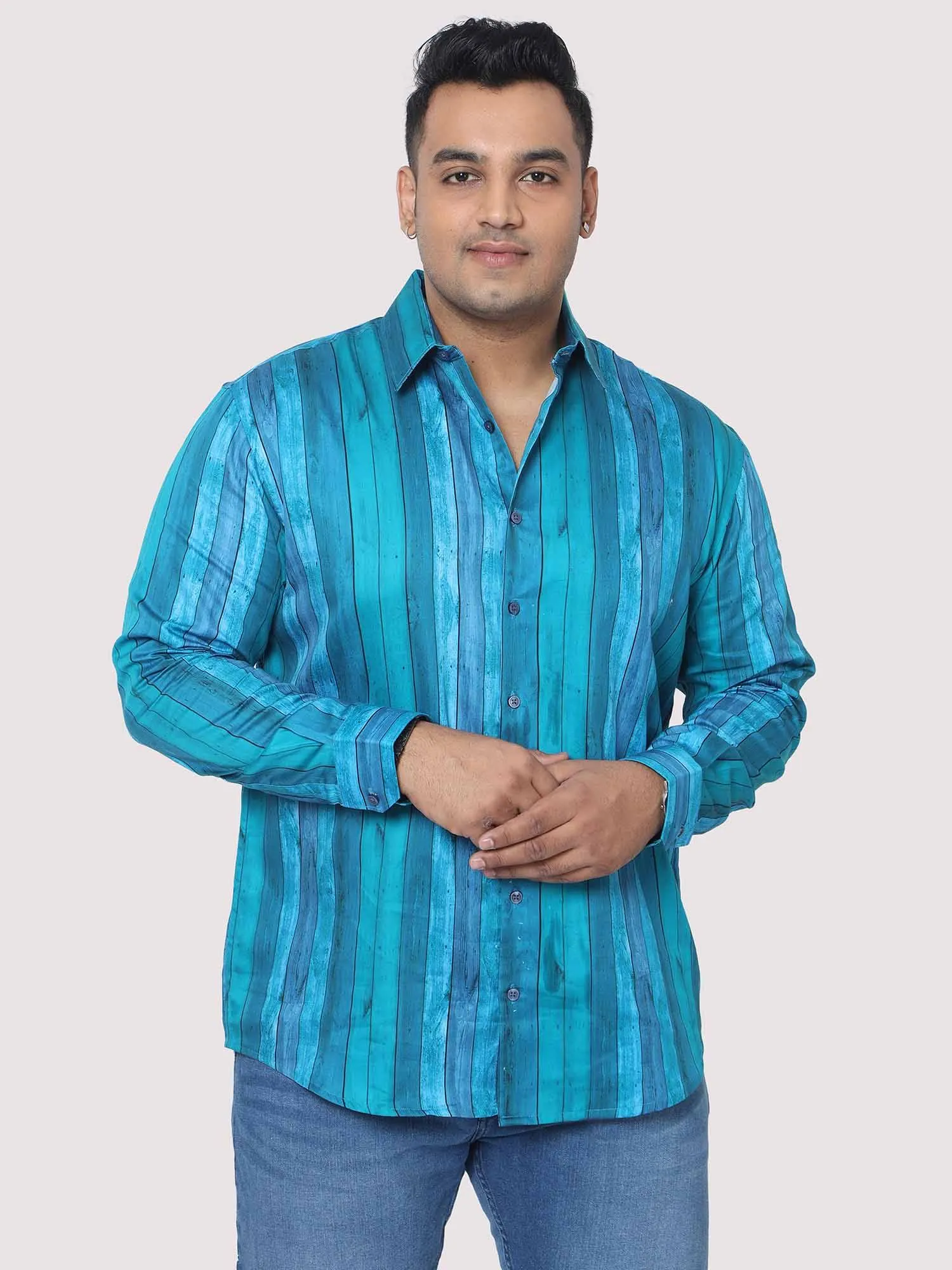 Men Plus Size Deep Blue Striped Digital Printed Full Shirt