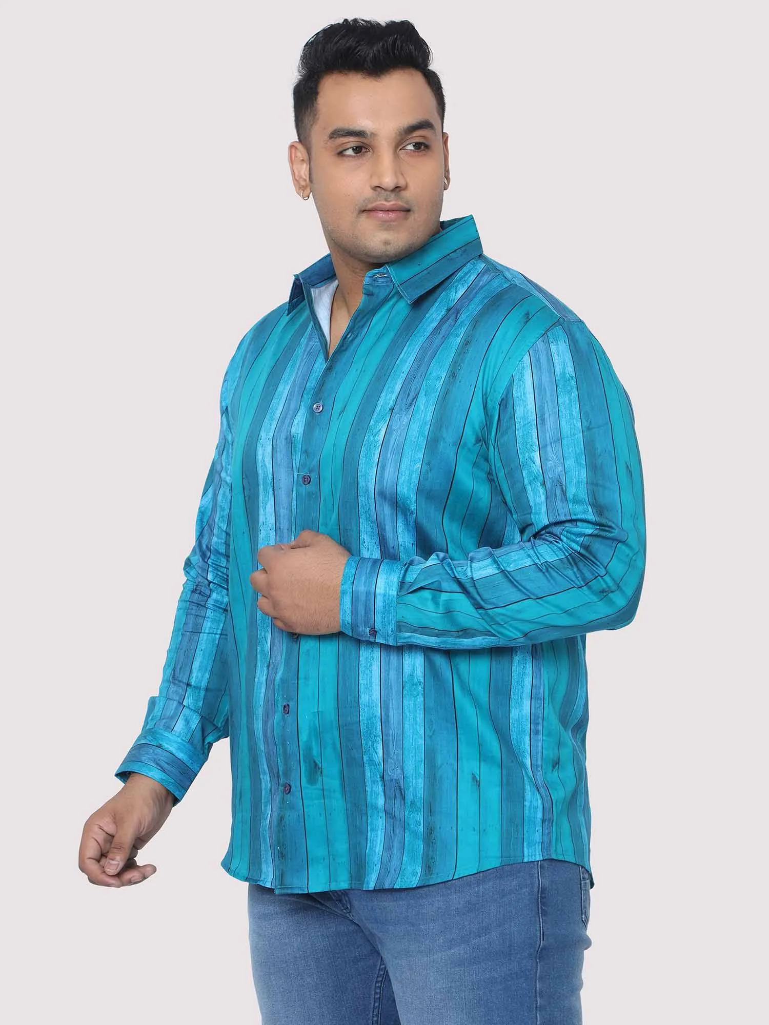 Men Plus Size Deep Blue Striped Digital Printed Full Shirt