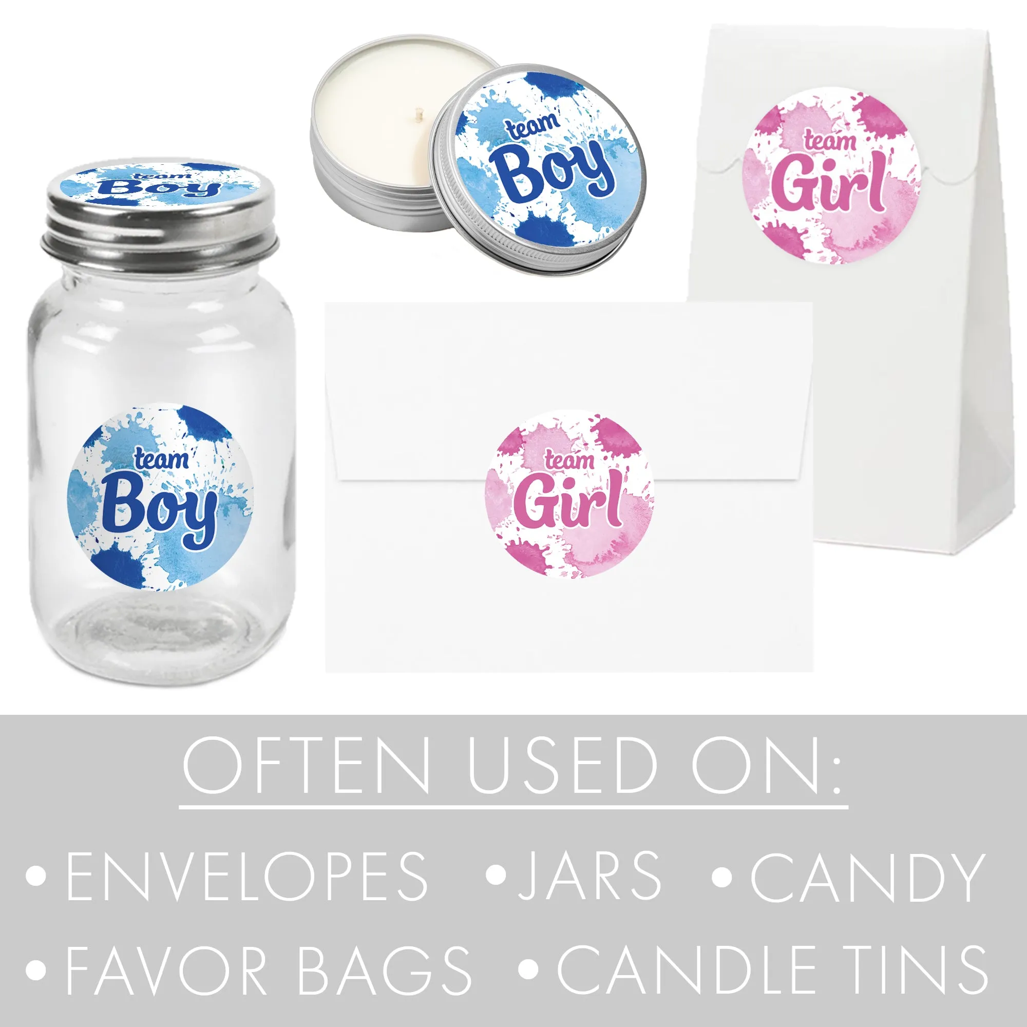 Paint Splatter: Gender Reveal Party - Team Boy or Team Girl - 40 Stickers