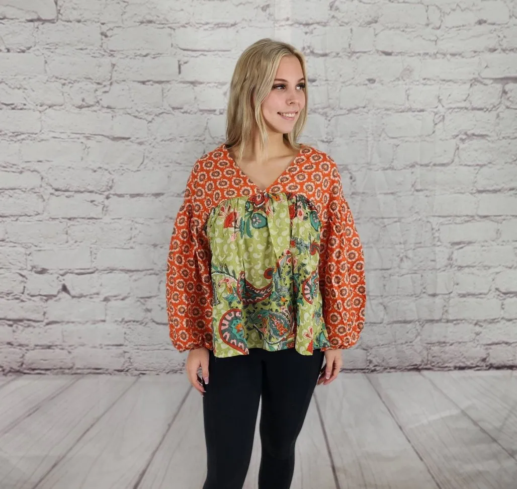 Printed floral and paisley pattern V-Neck top