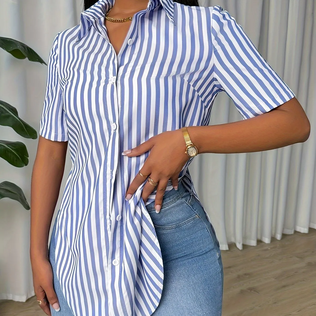 Women’s Striped Button-Front Blouse – Casual Short Sleeve Top for Spring & Summer